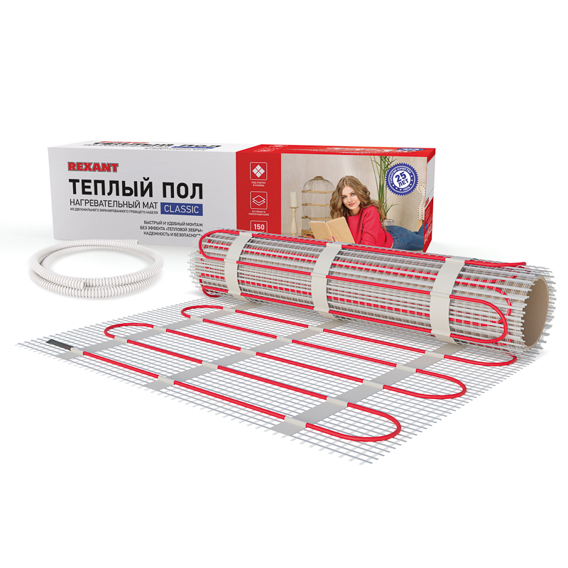 Теплый пол, нагревательный мат REXANT Classic RNX-1-150, двухжильный, с экраном, площадь 1 м², 0.5х2 м, 150 Вт