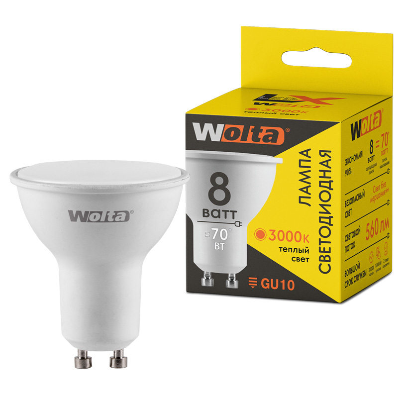 Светодиодная лампа WOLTA LX 30YPAR16-230-8GU10 PAR16 8Вт 560лм 3000К GU10 1/50