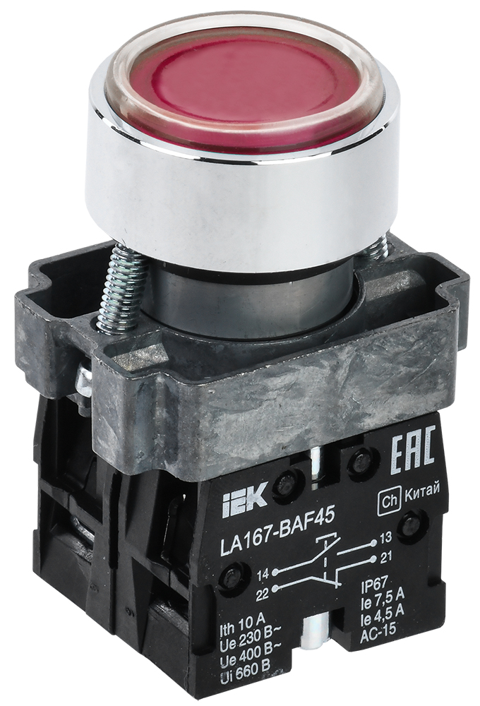 Кнопка LA167-BAF45 d=22мм 1NO+1NC красная IEK