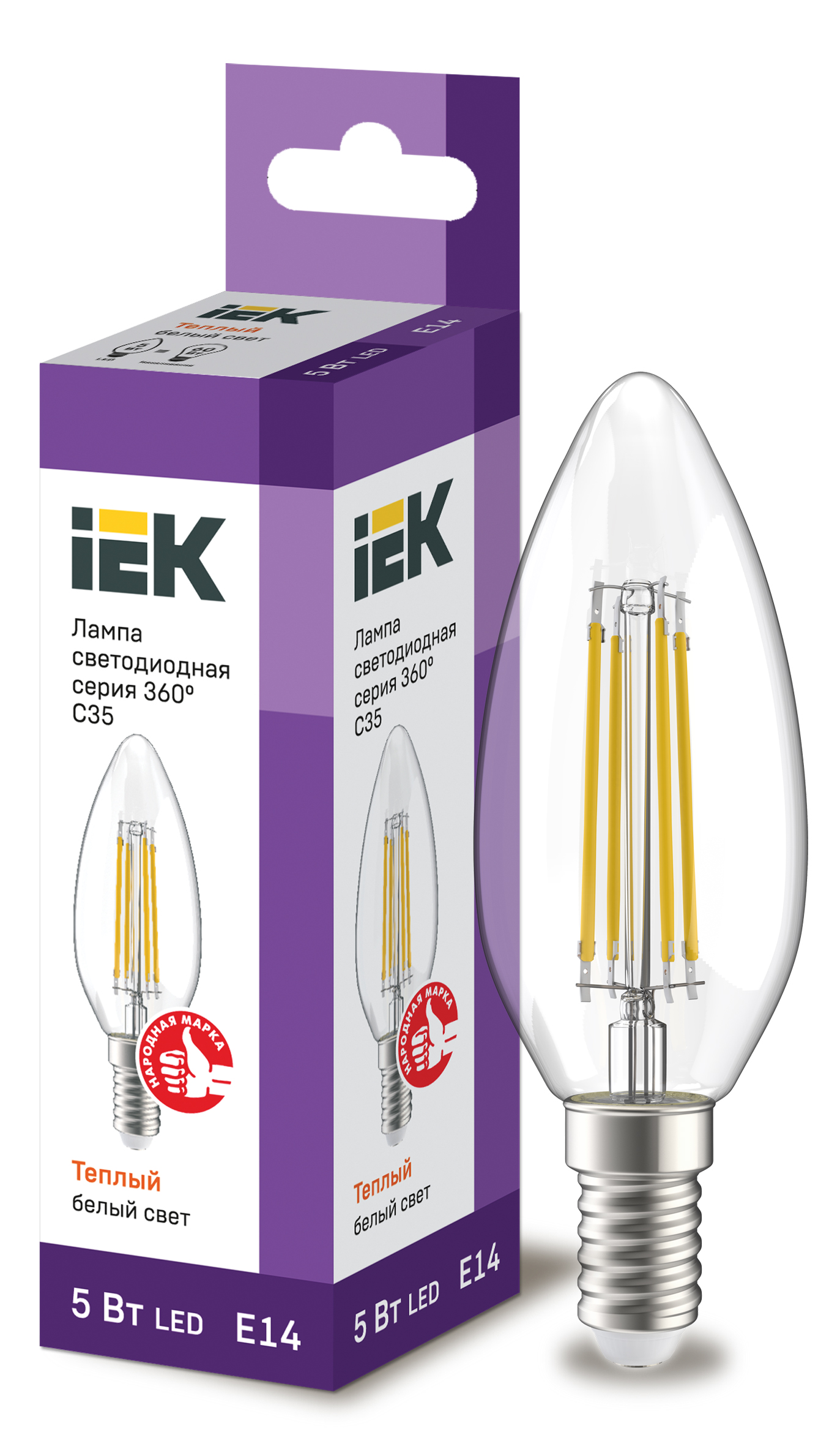 Лампа LED C35 свеча прозр. 5Вт 230В 3000К E14 серия 360° IEK