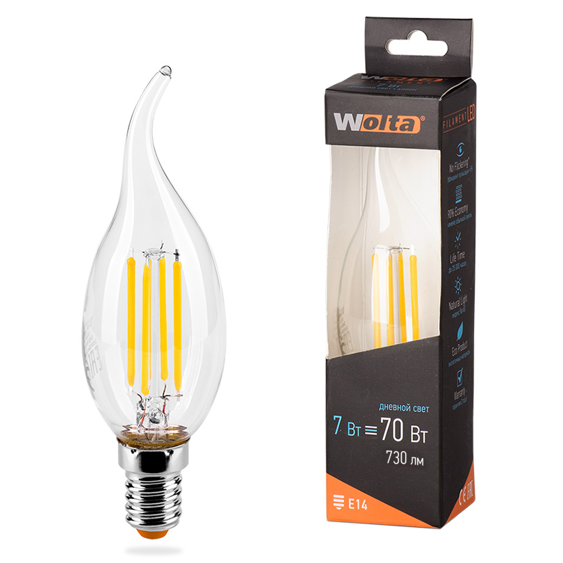 Светодиодная лампа  WOLTA FILAMENT 25SCDFT7E14 "Свеча на ветру" CD37 7Вт 730лм 4000К E14 1/10/50