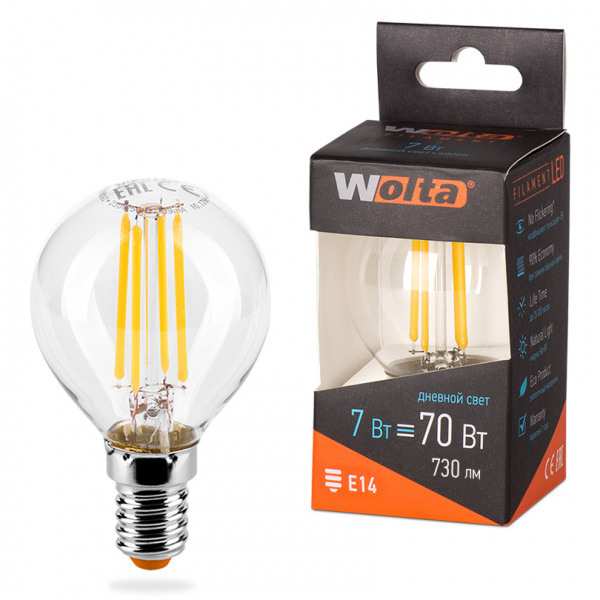 Светодиодная лампа  WOLTA FILAMENT 25S45GLFT7E14 "Шар" G45 7Вт 730лм 4000К E14 1/10/50