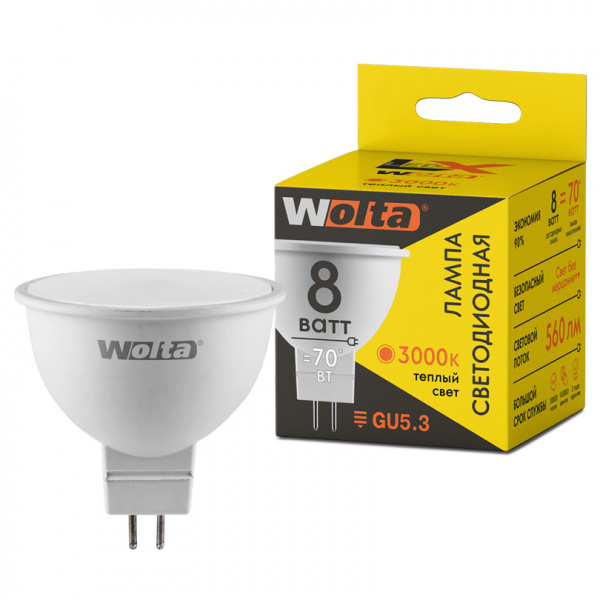 Светодиодная лампа WOLTA LX 30YMR16-220-8GU5.3 MR16 8Вт 560лм 3000К GU5.3 1/50