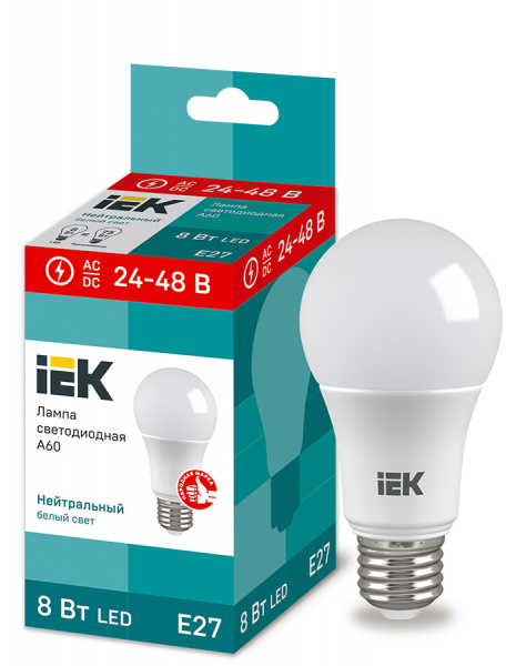 Лампа LED A60 груша 8Вт 24-48В 4000К E27 IEK