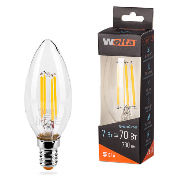 Светодиодная лампа  WOLTA FILAMENT 25SCFT7E14 "Свеча" C37 7Вт 730лм 4000К E14  1/10/50