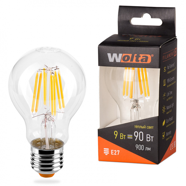 Светодиодная лампа WOLTA FILAMENT  25Y60BLFT9E27 "Груша" А60 9Вт 900лм 3000К E27 1/10/50