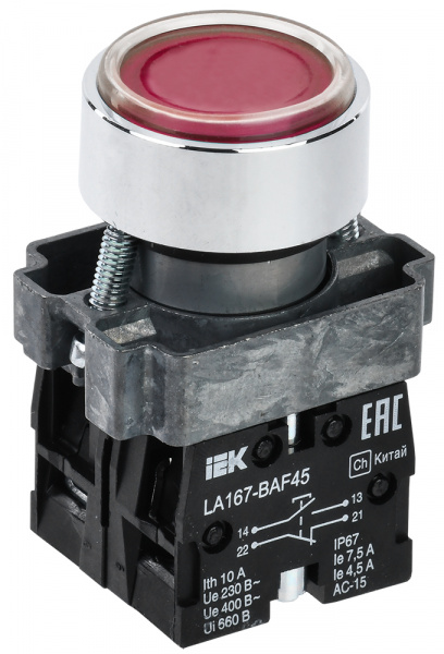 Кнопка LA167-BAF45 d=22мм 1NO+1NC красная IEK