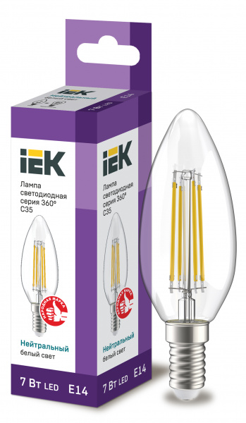 Лампа LED C35 свеча прозр. 7Вт 230В 4000К E14 серия 360° IEK