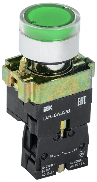 Кнопка управления LAY5-BW3361 с подсветкой зеленый 1NO IEK