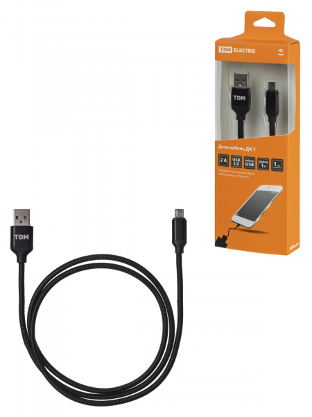 Дата-кабель, ДК 7, USB - micro USB, 1 м, тканевая оплетка, черный, TDM