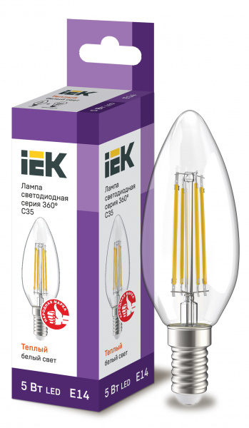 Лампа LED C35 свеча прозр. 5Вт 230В 3000К E14 серия 360° IEK