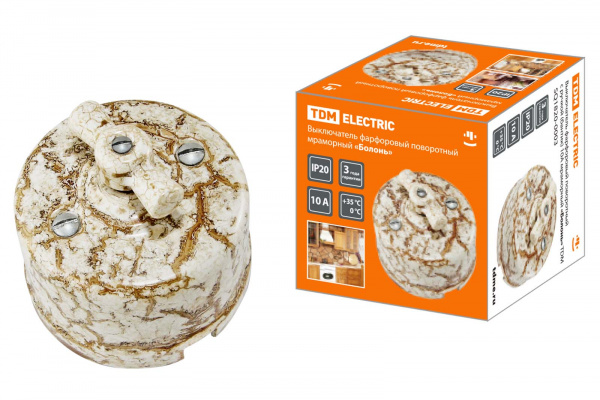 Выключатель фарфоровый поворотный с ручкой (бантик) 10А мраморный «Болонь» TDM