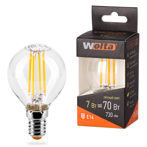 Светодиодная лампа  WOLTA FILAMENT 25Y45GLFT7E14 "Шар" G45 7Вт 730лм 3000К E14 1/10/50