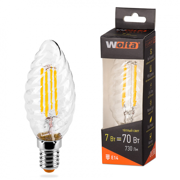 Светодиодная лампа  WOLTA FILAMENT 25YCTFT7E14 "Свеча витая" CT37 7Вт 730лм 3000К E14 1/10/50